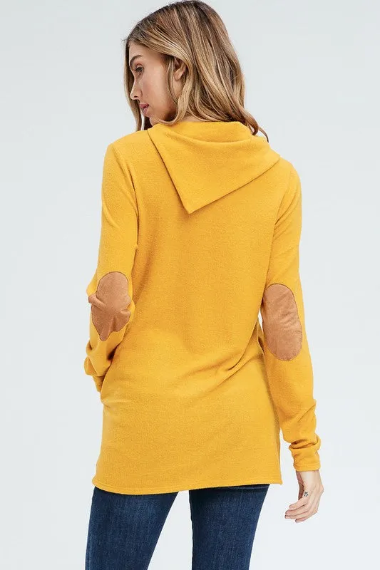 Cowl Neck Top with Elbow Patches - Mustard