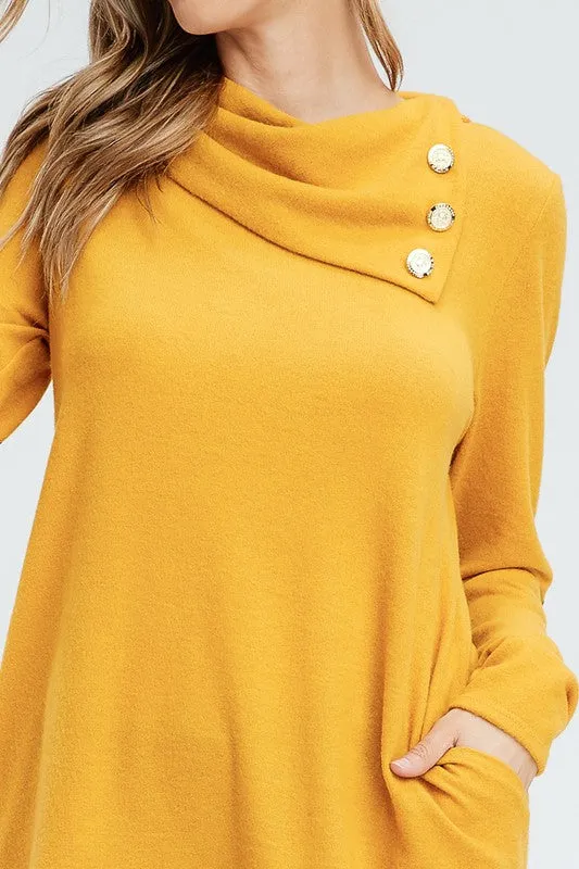 Cowl Neck Top with Elbow Patches - Mustard