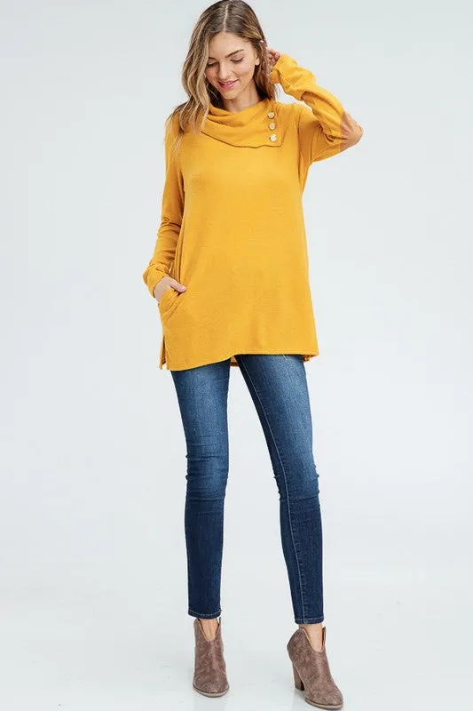 Cowl Neck Top with Elbow Patches - Mustard