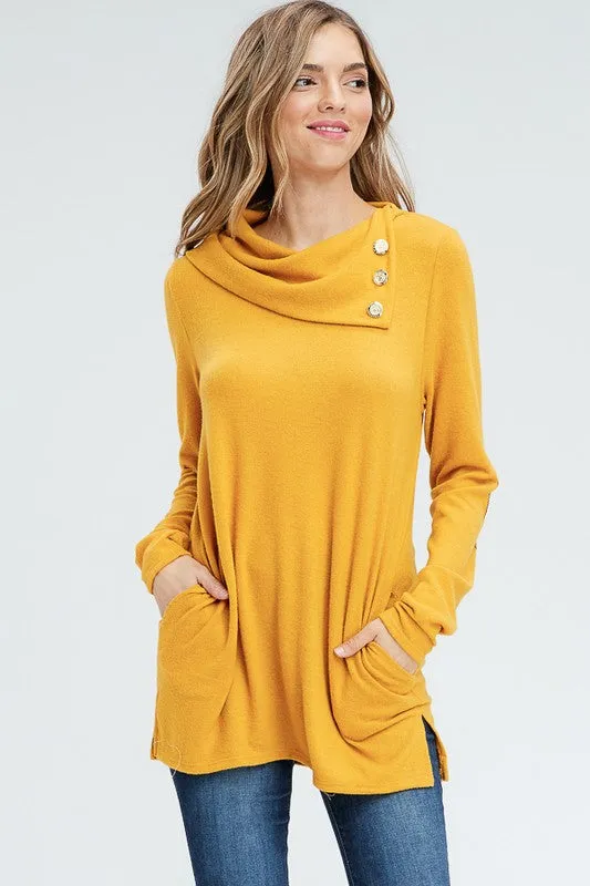 Cowl Neck Top with Elbow Patches - Mustard