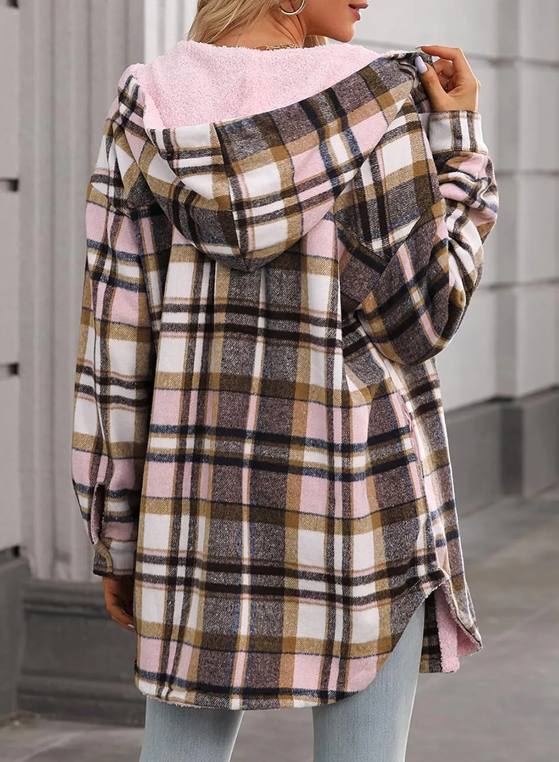 Dokotoo Women's Flannel Hooded Plaid 2024 Shacket Thick Coat Winter Coat for Warmth Button down Warm and Fuzzy Fleece Jacket