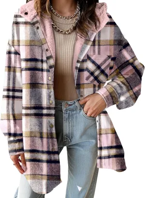 Dokotoo Women's Flannel Hooded Plaid 2024 Shacket Thick Coat Winter Coat for Warmth Button down Warm and Fuzzy Fleece Jacket
