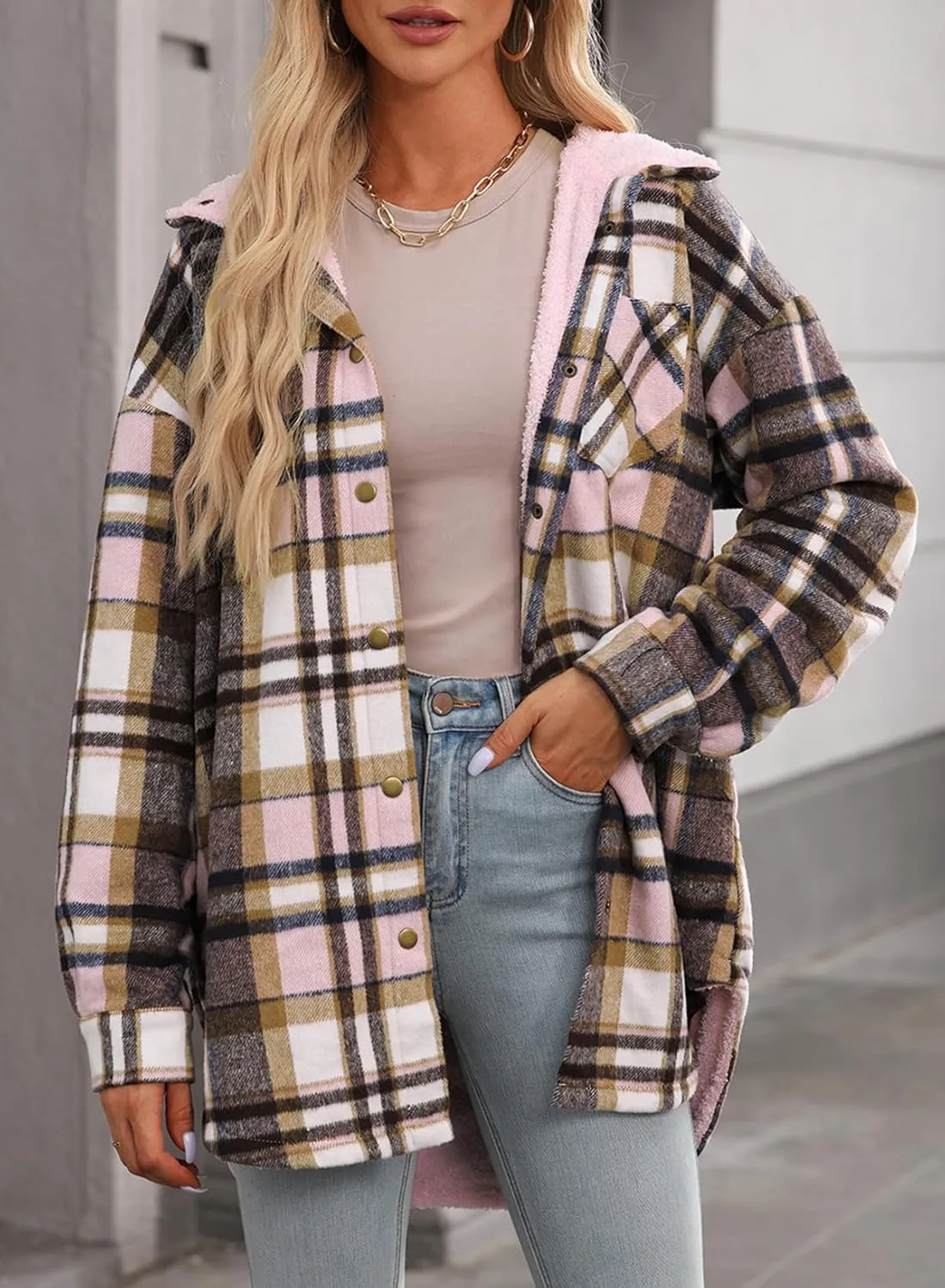 Dokotoo Women's Flannel Hooded Plaid 2024 Shacket Thick Coat Winter Coat for Warmth Button down Warm and Fuzzy Fleece Jacket