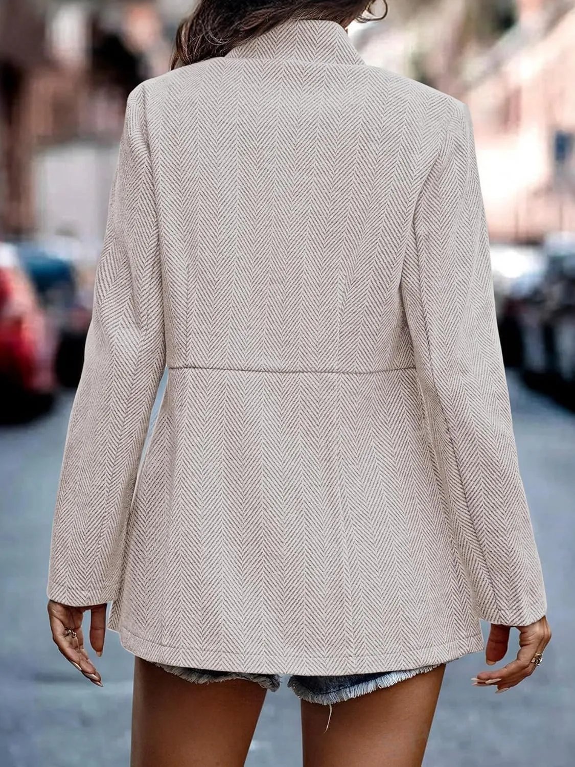 ELLEVEN Womens Open Front Herringbone Blazer-Business Casual Long Sleeve Work Jacket with Full Lining and Padded Shoulders