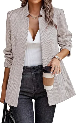 ELLEVEN Womens Open Front Herringbone Blazer-Business Casual Long Sleeve Work Jacket with Full Lining and Padded Shoulders