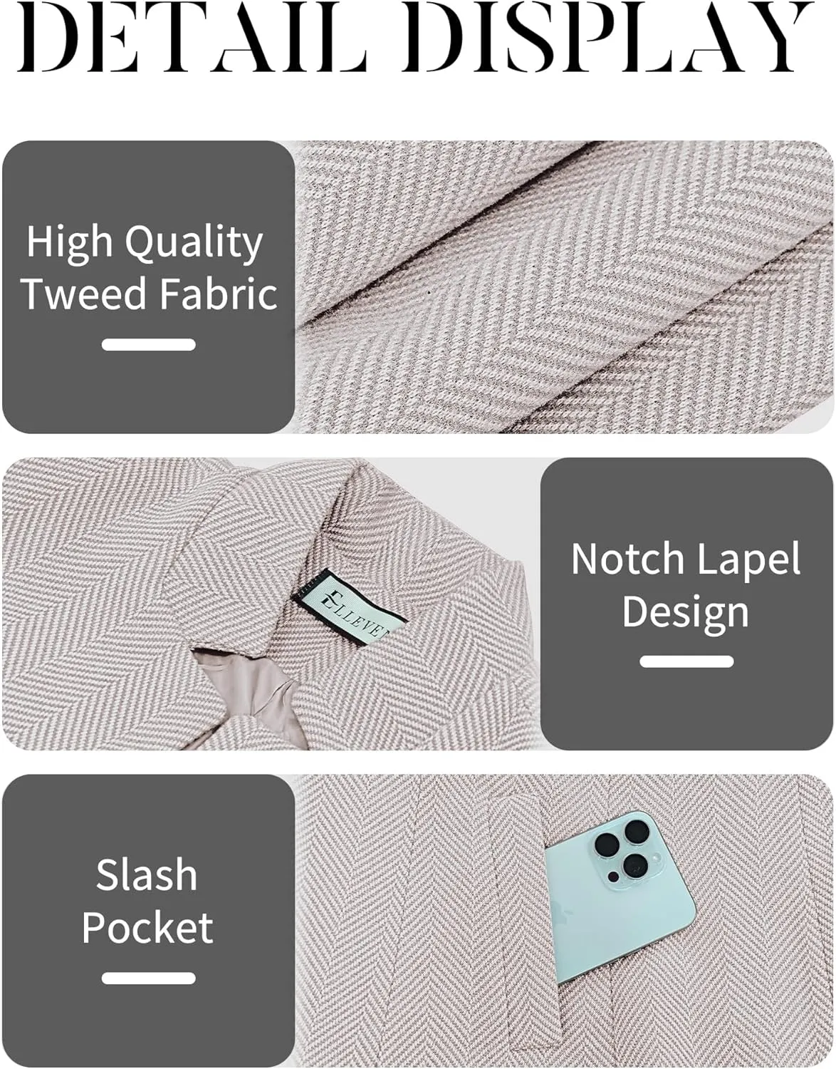 ELLEVEN Womens Open Front Herringbone Blazer-Business Casual Long Sleeve Work Jacket with Full Lining and Padded Shoulders