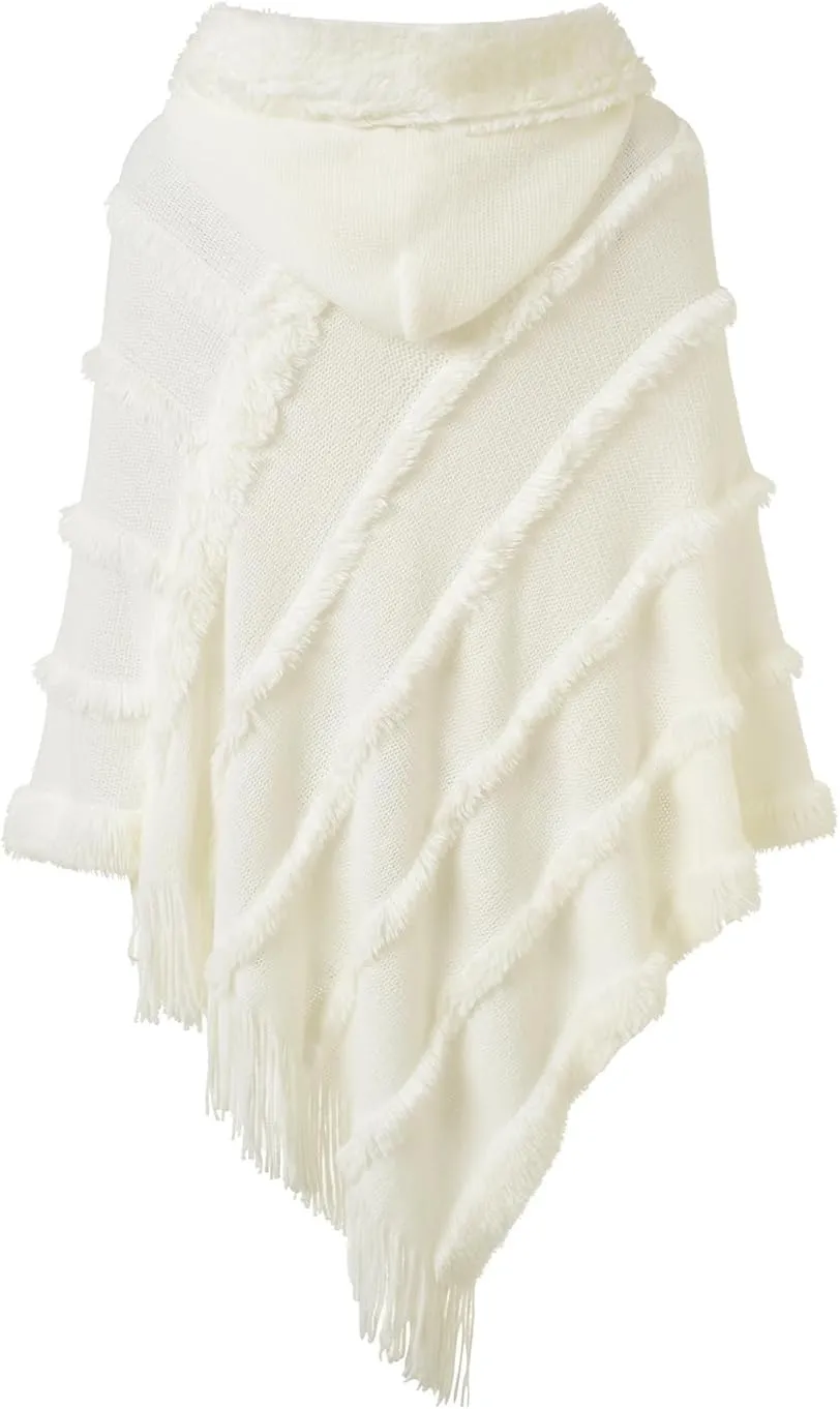 Ferand Ponchos for Women, Fuzzy Knitted Shawl with Fringe, Cozy and Striped Poncho Sweater for Fall and Winter