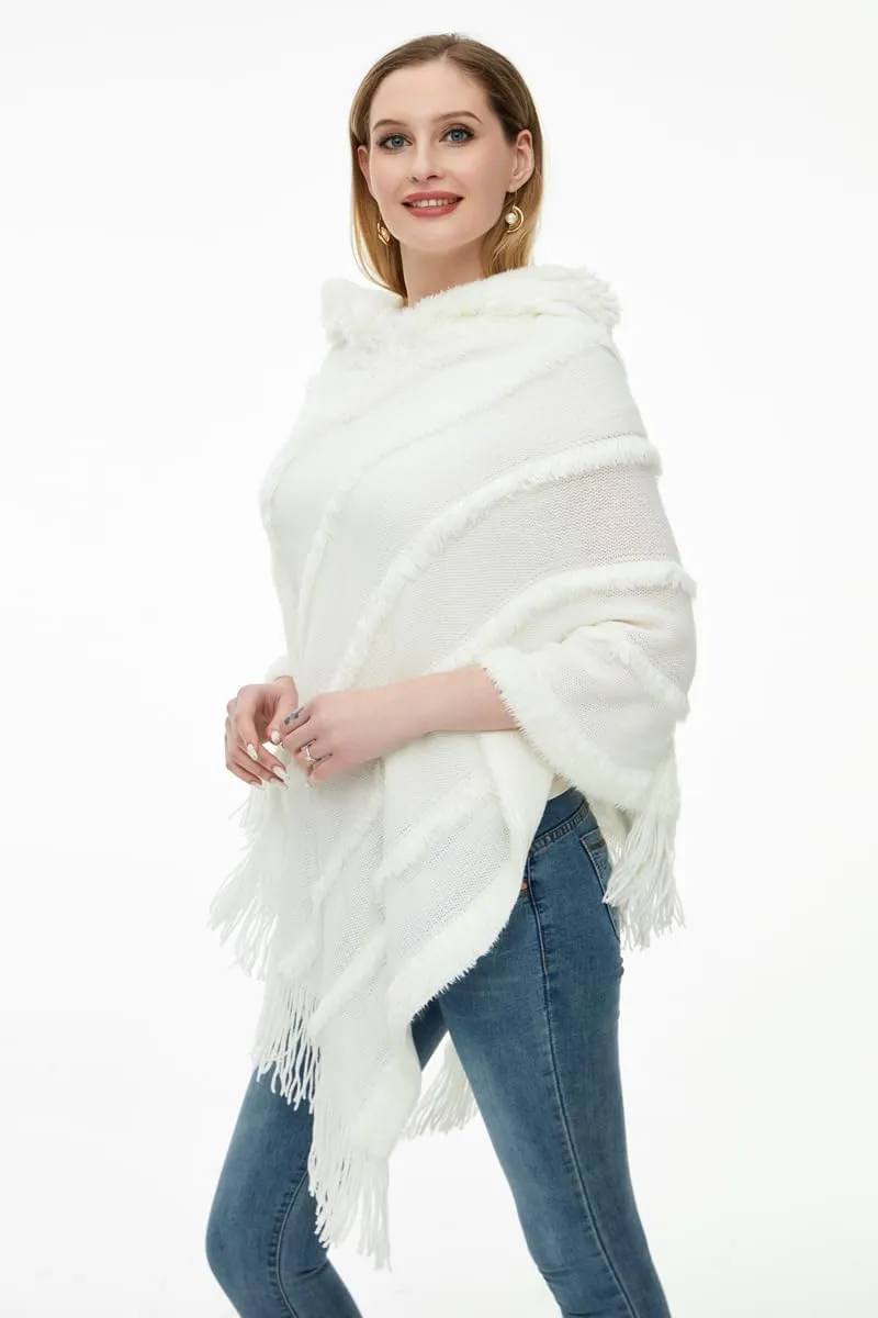 Ferand Ponchos for Women, Fuzzy Knitted Shawl with Fringe, Cozy and Striped Poncho Sweater for Fall and Winter