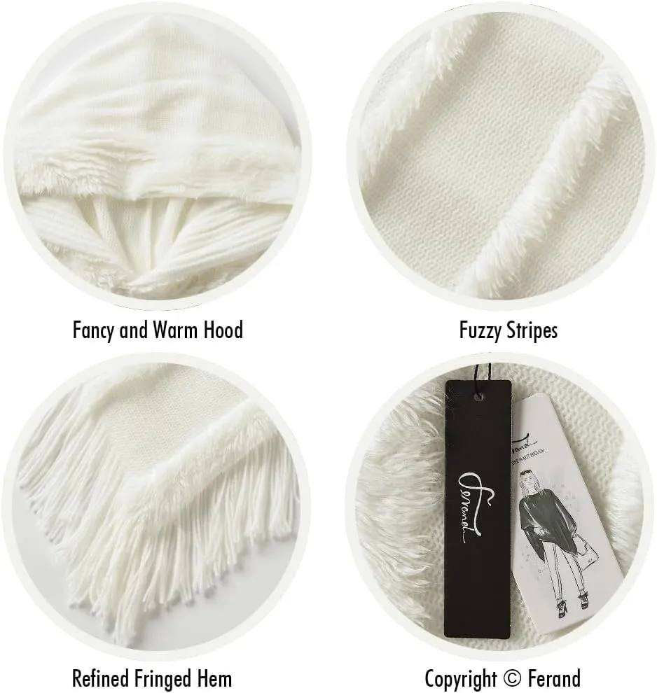 Ferand Ponchos for Women, Fuzzy Knitted Shawl with Fringe, Cozy and Striped Poncho Sweater for Fall and Winter