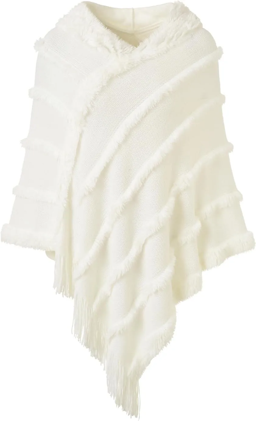 Ferand Ponchos for Women, Fuzzy Knitted Shawl with Fringe, Cozy and Striped Poncho Sweater for Fall and Winter