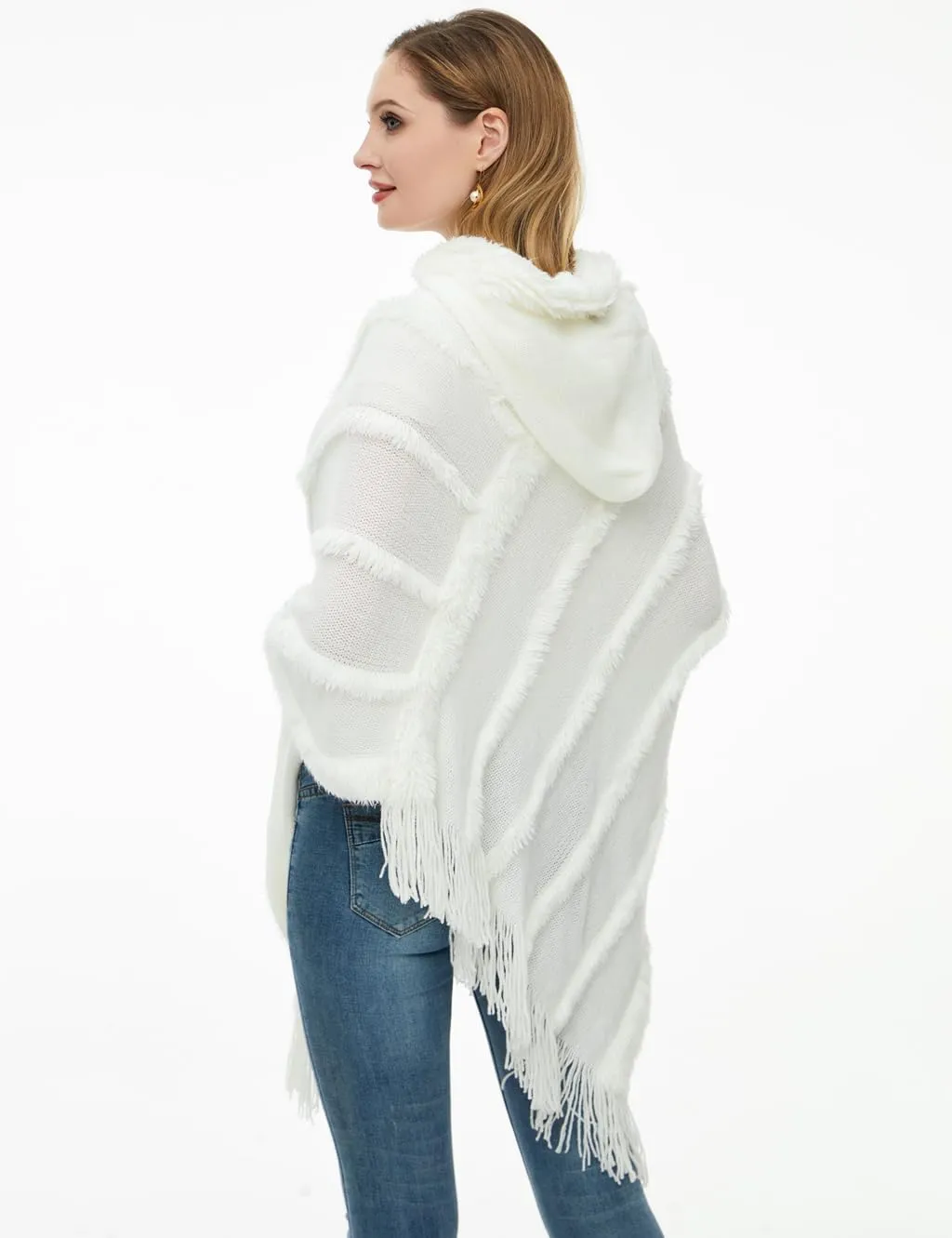 Ferand Ponchos for Women, Fuzzy Knitted Shawl with Fringe, Cozy and Striped Poncho Sweater for Fall and Winter