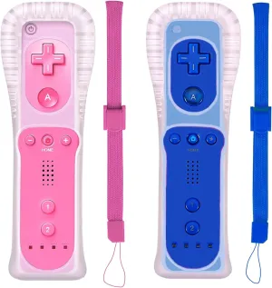 PGYFDAL 2 Packs Classic Remote Controller Compatible for Wii Wii U Console, Gamepad with Soft Silicone Sleeve and Wrist Strap (Pink and Dark Blue)
