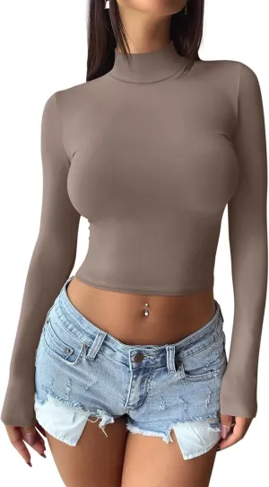 REORIA Women's Basic Mock Turtle Neck Long Sleeve Lightweight Double Lined Layering Slim Fitted Crop Top