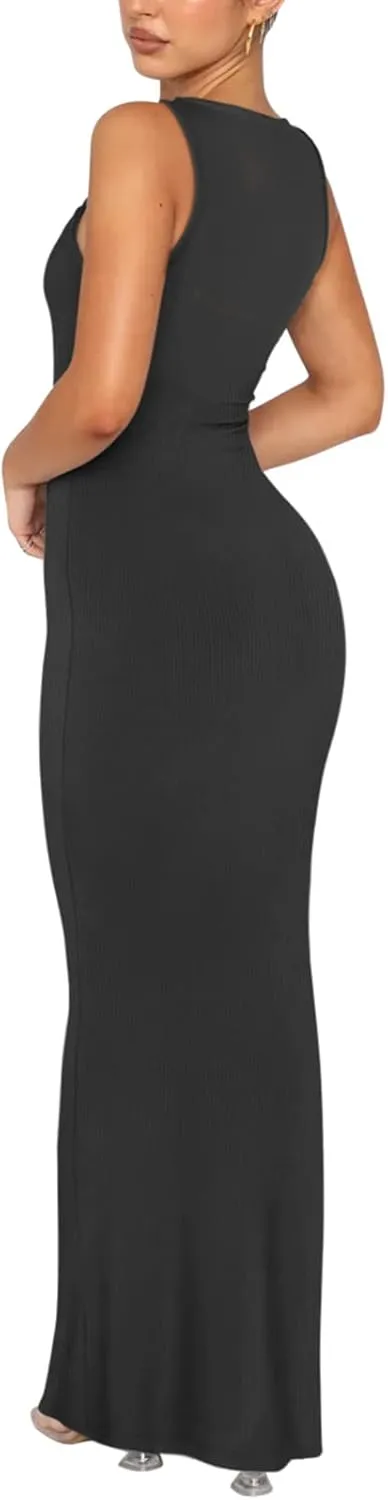 REORIA Women's Basic Summer Sexy Lounge Tank Long Dress Elegant Sleeveless Halter Neck Bodycon Maxi Dresses