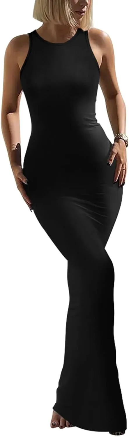 REORIA Women's Basic Summer Sexy Lounge Tank Long Dress Elegant Sleeveless Halter Neck Bodycon Maxi Dresses