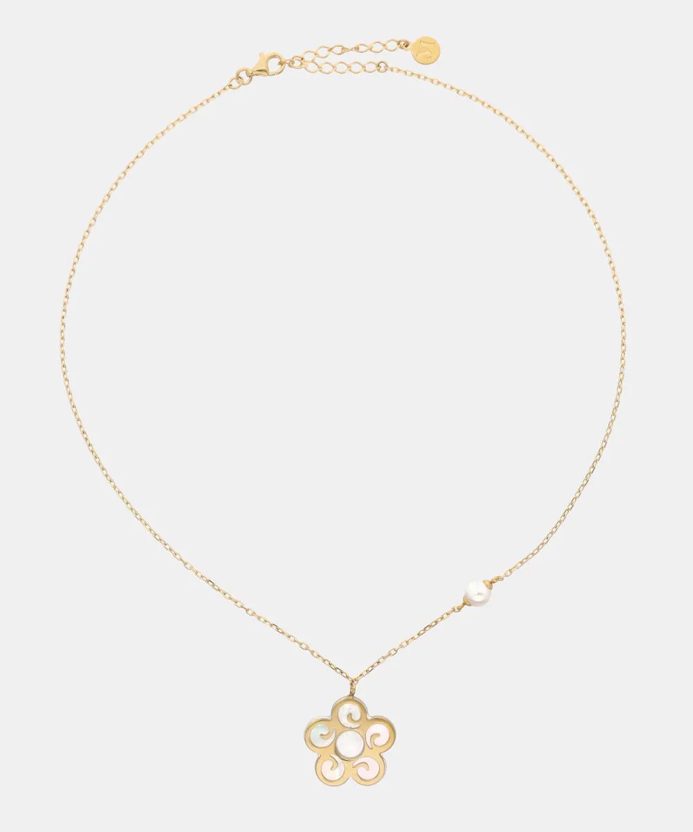 Sterling Silver Gold Plated Necklace for Women with 6mm Round White Pearl, 15" Length, Roxana Collection