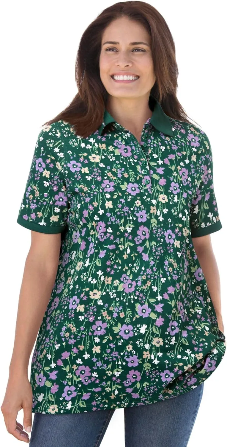 Woman Within Plus Size Perfect Printed Short-Sleeve Polo Shirt