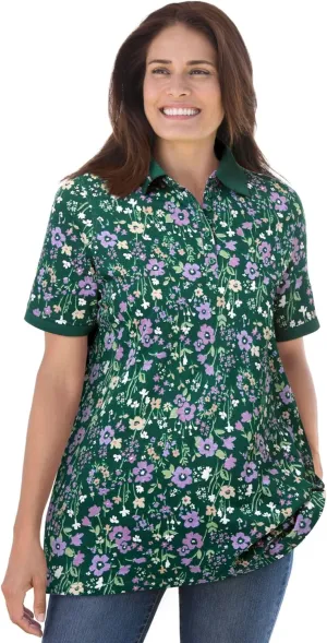 Woman Within Plus Size Perfect Printed Short-Sleeve Polo Shirt