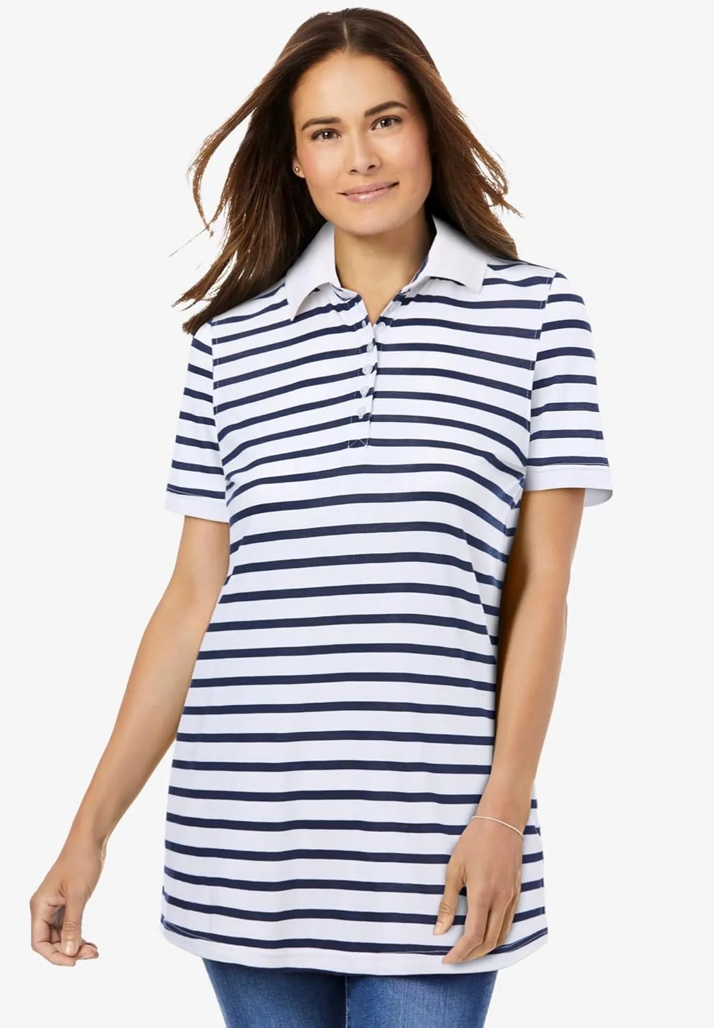 Woman Within Plus Size Perfect Printed Short-Sleeve Polo Shirt