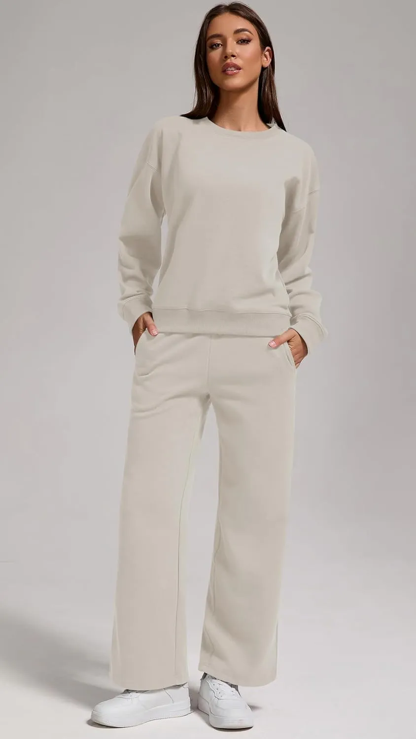 Womens 2-Piece Oversized Sweatshirt and Jogger Sweatpants Tracksuit Set - Cozy Fall/Winter Casual Outfit with Pockets