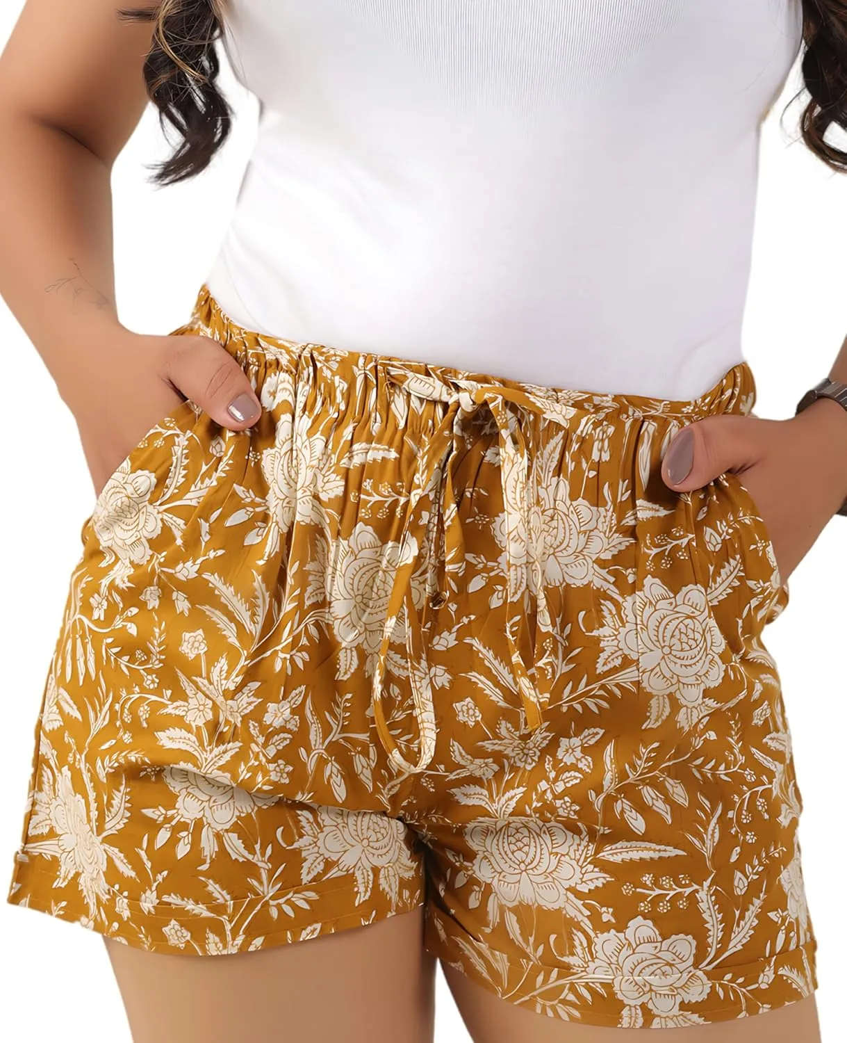 Womens Casual Shorts Drawstring Elastic High Waist Fashionable and Comfortable Summer Beach Shorts with Pockets (S-XL)