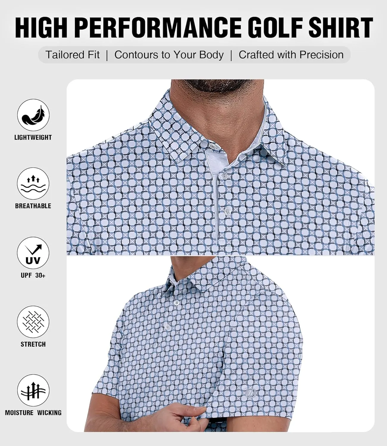 ZITY Men's Golf Polo Shirt Short Sleeve Performance Moisture Wicking Collared Print Shirt for Golf and Casual Wear